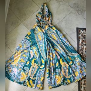 Vintage Plunge Halter Extreme Flare Jumpsuit Paisley Print XS *see measurements